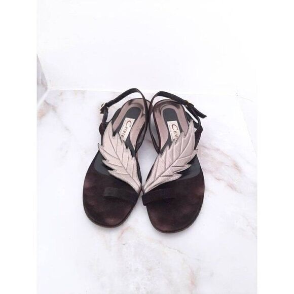 Vintage sling back sandals with leather leaf and buckle silver and black sz - 6 - Picture 2 of 5